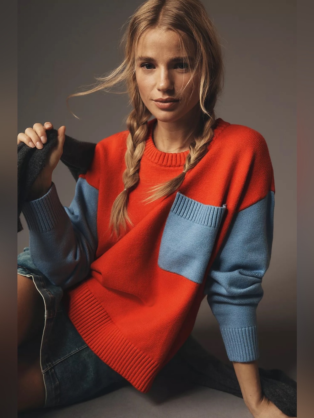 Anthro Dolan Colorblock Crewneck Sweater Red Blue Knit Pullover L